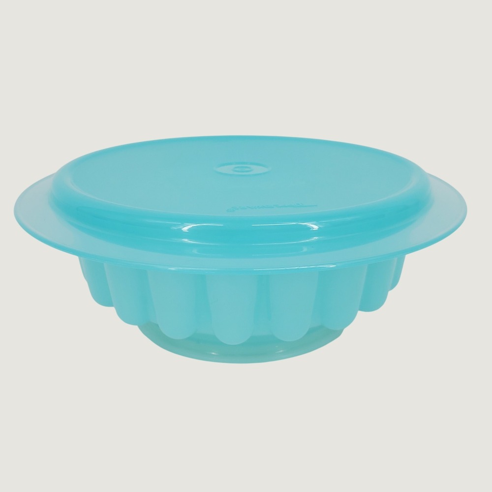 Tupperware Vintage Jel Ring Mold 3 Piece Set Aqua Blue Scalloped Jello Cake Pan